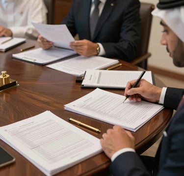 Behind-the-scenes photography of a professional meeting in a Middle Eastern / Gulf executive suite. A dark brown wooden table holds structured data reports and gold stationery. The lighting is soft and focused, emphasizing institutional-grade transparency.