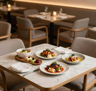 A photograph of a cozy, Scandinavian-style restaurant in Dubai with minimalist wood furniture and soft lighting. Gourmet Middle Eastern / Gulf fusion dishes are presented elegantly on the table. The mood is approachable yet professional.