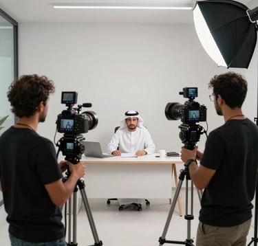 A behind-the-scenes shot of a professional media team in a minimalist Dubai office, using high-end cameras and softbox lighting to film a market update, reflecting a mood of sophisticated transparency and authority in the Middle Eastern / Gulf region.