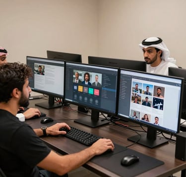 Professional photography of a team in a Middle Eastern / Gulf studio setting, managing digital social media content on large sleek monitors. The environment is organized and high-contrast, featuring deep ripe black hardware and soft beige wall textures.