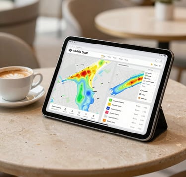 A close-up of a high-end digital tablet displaying property market heat maps sitting next to a fresh cup of coffee on a light beige stone tabletop in a bright, modern Middle Eastern / Gulf cafe.