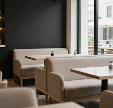 A cozy, Scandinavian-inspired restaurant in Dubai. Minimalist light beige furniture, clean lines, and high-contrast deep ripe black decor. A professional yet down-to-earth atmosphere with natural light streaming through large windows.