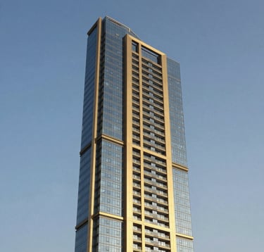 A sharp architectural photograph of a modern luxury residential tower in Dubai against a clear blue sky. The building features sleek glass and gold-colored metal accents, representing a high-yield investment opportunity in the Middle Eastern / Gulf region.