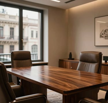 Interior of a high-end private banking office in Barcelona, featuring a polished mahogany table and luxury leather chairs. Soft, warm lighting illuminates a professional and discrete environment with a view of classic architecture through the window.