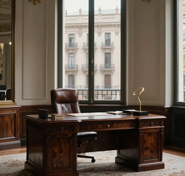 Interior of a refined private bank office in Barcelona. An antique dark wood desk stands before a window overlooking the classical architecture of Paseo de Gràcia. Soft morning light illuminates a leather chair and a minimal gold sculpture. Southern European luxury style.