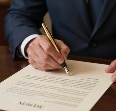 Close-up photography of a hand in a dark navy tailored suit signing a heavy, cream-colored financial contract with a gold fountain pen. The lighting is focused and professional, conveying a sense of authority and trust.