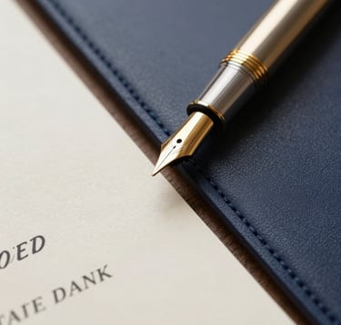 Macro photography of a gold fountain pen resting on a dark navy leather desk blotter next to an invitation on thick cream paper. The focus is sharp on the gold nib. The lighting is intimate and sophisticated, suggesting a private agreement. Private bank aesthetic.