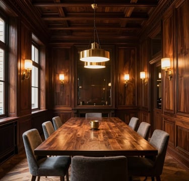 An elegant, quiet private meeting room in a historic building on Paseo de Gràcia, Barcelona, with high ceilings, dark wood paneling, and sophisticated gold lighting fixtures, Southern European / Spanish architectural heritage.