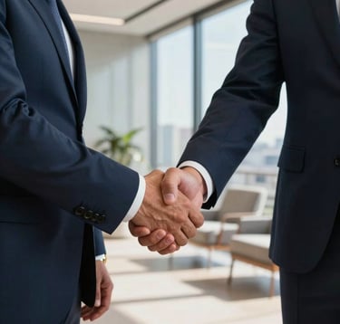 Close-up of a professional handshake between two executives in a sun-drenched, high-end office in Barcelona, dressed in luxury bespoke navy suits, gold watch visible, Southern European / Spanish professional business context.