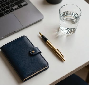Top-down view of a minimalist office desk in Barcelona featuring a gold fountain pen, a leather portfolio, and a crystal glass of water, soft morning light, dark navy and gold aesthetic, Southern European / Spanish luxury professional setting.