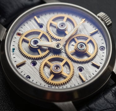Detailed professional photography of a high-end Swiss mechanical watch movement, highlighting the intricate gold gears and precision parts. The lighting is moody with deep shadows and golden metallic accents, signifying time and accuracy.
