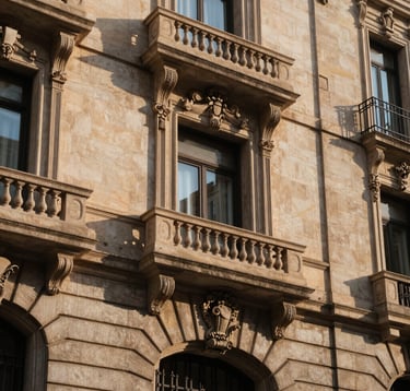 Architectural detail of an elegant facade on Paseo de Gràcia, Barcelona. The warm afternoon sun highlights the stone textures and classical lines of the building, representing stability, history, and wealth. Professional architectural photography.