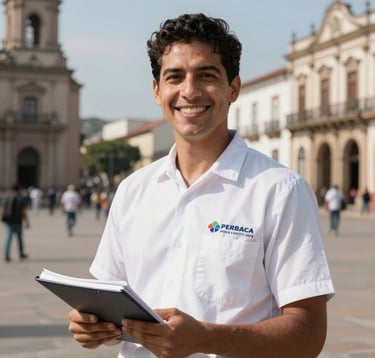 Portrait of a smiling professional educational guide in South America, wearing a clean branded uniform, holding a notebook, with a historical city square blurred in the background under clear daylight.