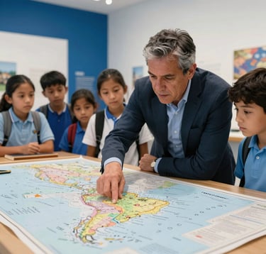 A close-up photograph of a South American educator pointing out details on a large historical map to a group of interested primary students in a modern, light-filled museum hall. Clean composition with deep blue and white accents.