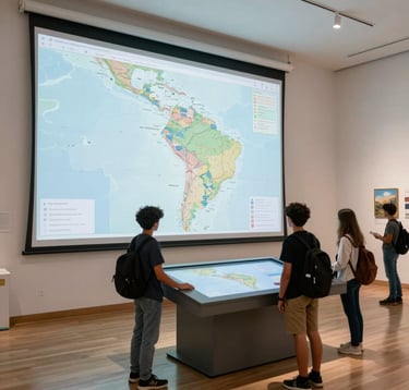 Modern museum interior with interactive screens, students engaging with a digital map showing local history, bright and clean design, South American setting.