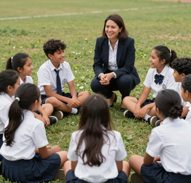 Group of South American middle school students sitting in a circle on grass, laughing and discussing with their teacher, outdoor setting, emotional and professional mood.