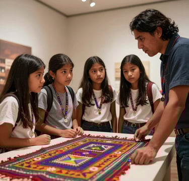 In a South American museum, a group of students leans in to see a brightly colored traditional textile being explained by a guide. Soft indoor museum lighting, clean composition, focusing on the emotional connection and curiosity of the students.
