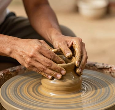 Close-up of South American artisanal pottery being shaped by hands, with a student's hands nearby learning the technique. Warm, golden yellow tones, soft focus background, emphasizing the 'learning by doing' philosophy of Faros Turismo.