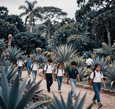 Wide shot of a South American / Spanish landscape where students are walking through a botanical garden, soft natural lighting, focus on exploration and nature, deep blue and soft white tones.