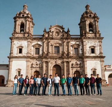 A wide angle shot of students standing in front of a majestic colonial building in a South American historic district, bright clear day, wide composition.