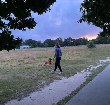 a woman walking a dog on a path