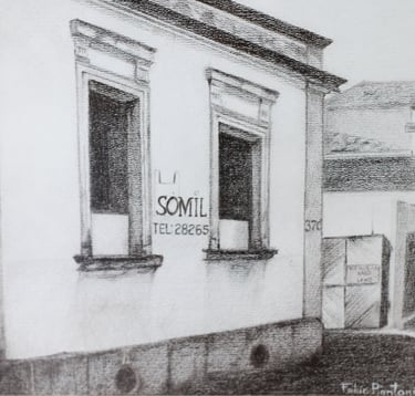 Desenho antigo da fachada da empresa Sómil