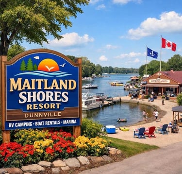 Maitland Shores Resort sign in Dunnville overlooking a scenic marina and boat rentals.