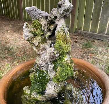 Ancient Moss Fountain by Phil Mikkelson — outdoor living sculpture with weathered stone, lush moss, 