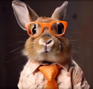 a rabbit wearing a tie and orange tie and glasses