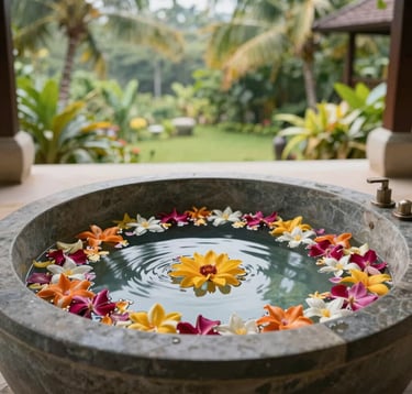 A luxury stone bathtub filled with clear warm water and floating colorful flower petals, in a serene spa overlooking a tropical green garden. Soft, natural morning light, peaceful and elegant atmosphere in a high-end Southeast Asian / Indonesian resort.