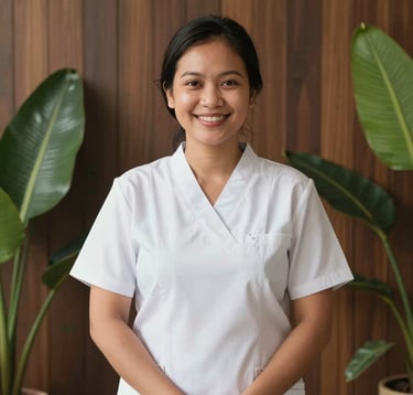Portrait of a friendly Southeast Asian / Indonesian massage therapist in professional, clean spa attire, smiling warmly. Set against an elegant background of dark wood panels and fresh green leaves, bright and welcoming natural lighting.
