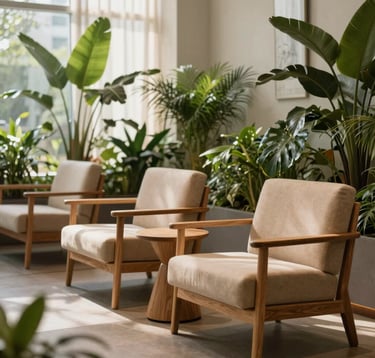 A tranquil relaxation lounge at Zenith Wellness featuring clean-lined wooden chairs with earth warm beige upholstery, surrounding lush green indoor plants, and natural light filtering through soft screens, photography.