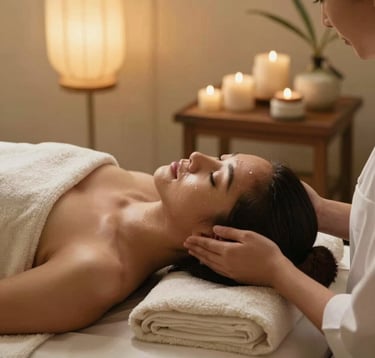 A relaxing Southeast Asian / Indonesian woman enjoying a gentle herbal facial treatment in a tranquil wellness room. Soft golden hour lighting illuminates the scene, showcasing natural organic skincare jars, warm cream drapes, and a serene atmosphere.