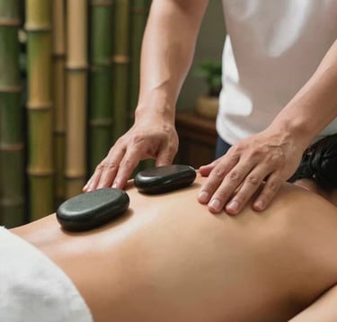 Close-up photography of a professional massage therapist's hands placing smooth warm stones on a customer's back during a spa session. Set in a serene Southeast Asian / Indonesian wellness center with soft lighting, natural textures, and a background of green bamboo stalks.