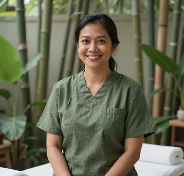 A professional female Southeast Asian / Indonesian therapist in her late 30s, smiling warmly, wearing a neat olive green linen uniform. Soft natural lighting in a tranquil wellness center in Jakarta, with bamboo and tropical plants in the background.