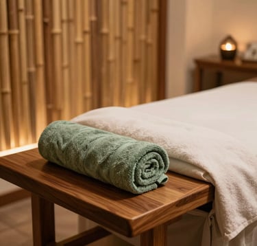 A high-end, clean massage room with a wooden table, neatly rolled towels in sage green and off-white, and a warm bamboo partition. Soft warm ambient lighting casts a soothing glow. Elegant and serene atmosphere in a Southeast Asian / Indonesian spa, professional photography.
