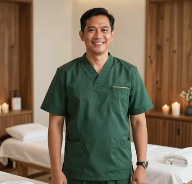 A professional male Southeast Asian / Indonesian therapist in his early 40s, smiling friendly, wearing a dark green organic cotton uniform, standing inside a bright and serene spa treatment room with warm wooden details.