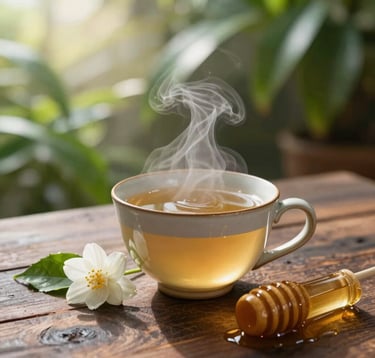 A hot, steaming ceramic cup of herbal ginger tea resting on a rustic dark wooden table. A fresh jasmine flower and raw honey stick are next to it. Soft morning sunlight filters through local tropical indoor plants in a peaceful wellness retreat, professional photography.