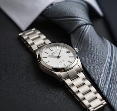 Close-up of a premium stainless steel watch and a silk tie on a dark background. The lighting is sophisticated, focusing on metallic silver reflections (#7D8C9C) and clean lines, embodying refined masculinity.