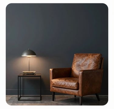 A minimalist, dark-toned library setting. A single leather armchair next to a low light lamp, with gold leaf detailing on book spines. Mood is intellectual, powerful, and serene, incorporating #0C1E38 and #B08D5B.