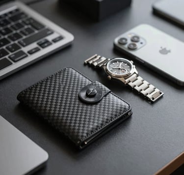 Modern high-end minimalist gadgets (carbon fiber wallet, mechanical watch, sleek silver smartphone) on a dark executive desk. Lighting is clean and cold, emphasizing metallic textures (#7D8C9C).