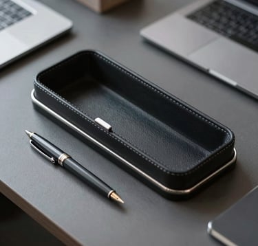 Top-down view of an organized executive desk. A premium leather organizer, a sleek dark fountain pen, and high-end tech accessories. Lighting is sharp and professional with silver metallic accents (#7D8C9C).
