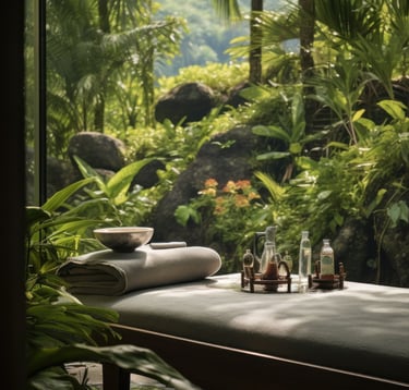 table de massage avec huile essentielles dans un cadre tropical