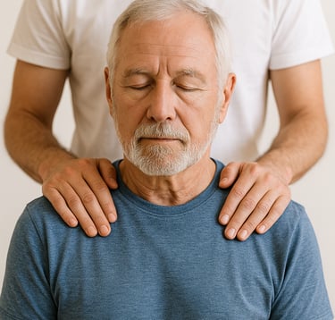 Praticien énergétique pratiquant un micro-massage énergétique à Verson