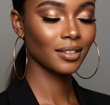 a woman with a black hair and hoop earrings showcasing soft glam makeup