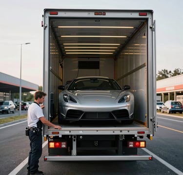 A high-end sports car being carefully loaded into a secure enclosed transport truck. Premium logistics service, professional environment, sharp focus, European highway rest area background.