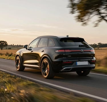 A black high-end SUV driving through a scenic French countryside road during the golden hour, motion blur, warm sunlight reflection on the paint, professional automotive photography.