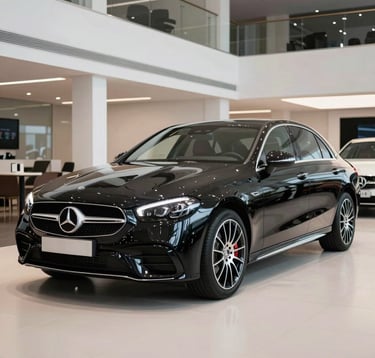 A luxurious black Mercedes Benz parked in a pristine, brightly lit modern showroom in Europe, sleek reflections, high-end automotive styling.