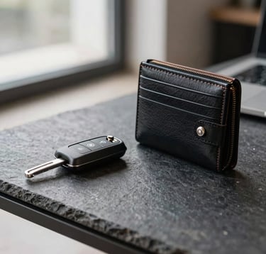 Close-up of a premium car key and a designer leather wallet on a dark stone surface, soft natural lighting from a window in a European office setting, elegant and minimalist composition.