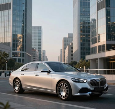 A silver luxury sedan parked in a modern business district in a French city, clear morning sky, professional architectural photography style, sophisticated atmosphere.